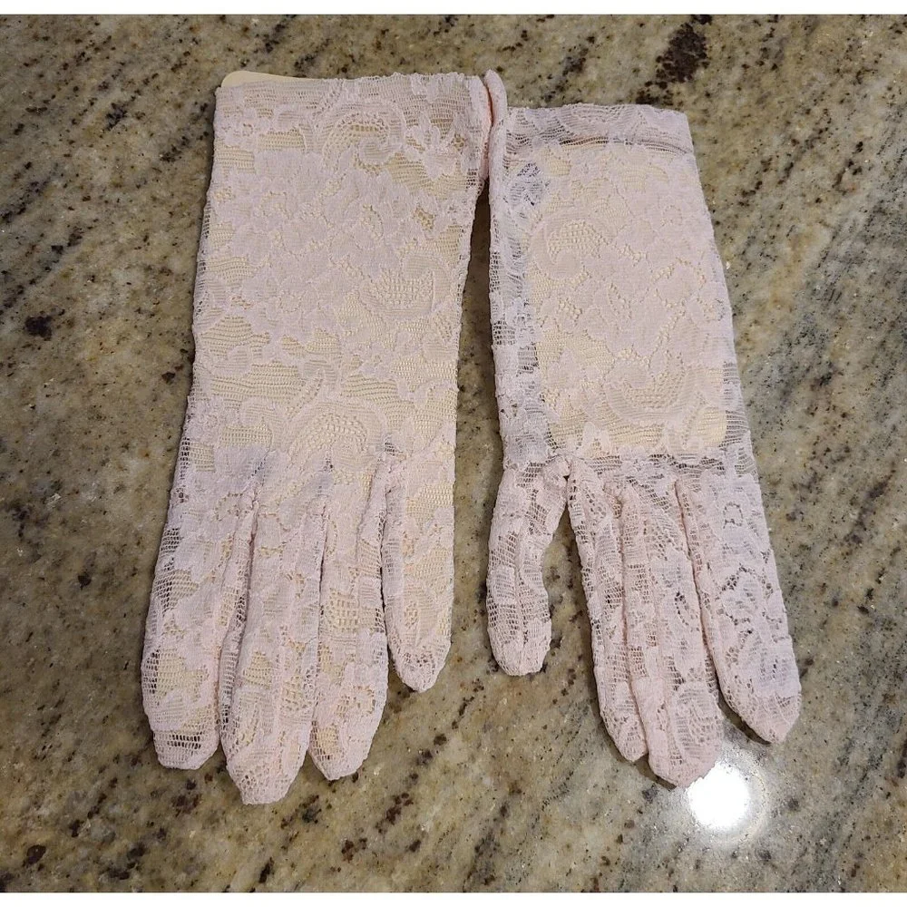 NEW! Vintage Size L Stretch Nylon Pink Lace Floral Formal Gloves 8